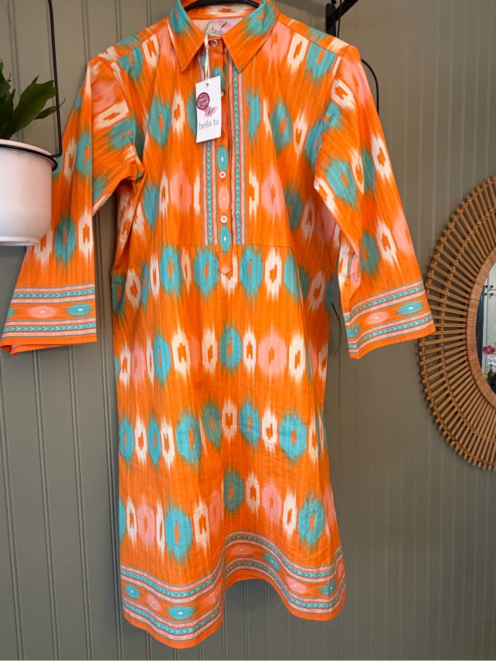 Bella Tu Orange & Turquoise Ikat Camden Shirt Dress Size XL - NWT - Picture 15 of 16